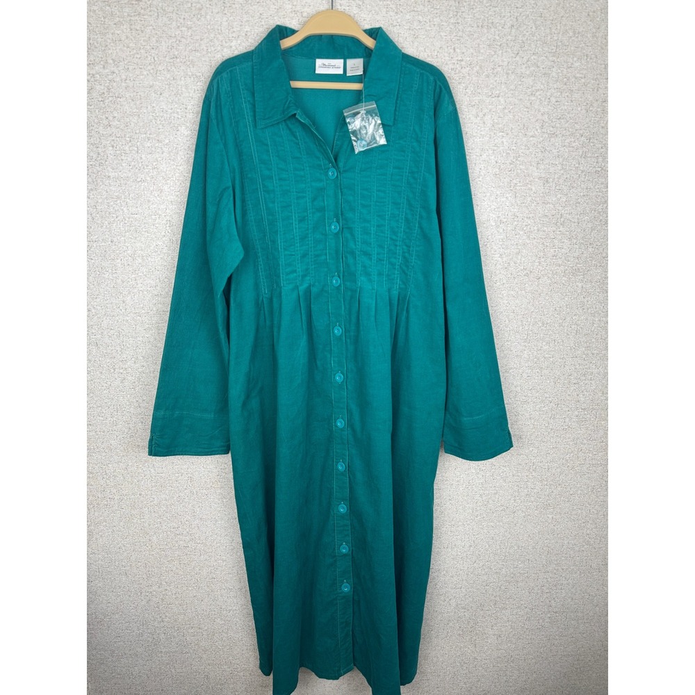 Vermont Country Store Teal Corduroy Button Front Midi Shirtdress Pockets Sz L